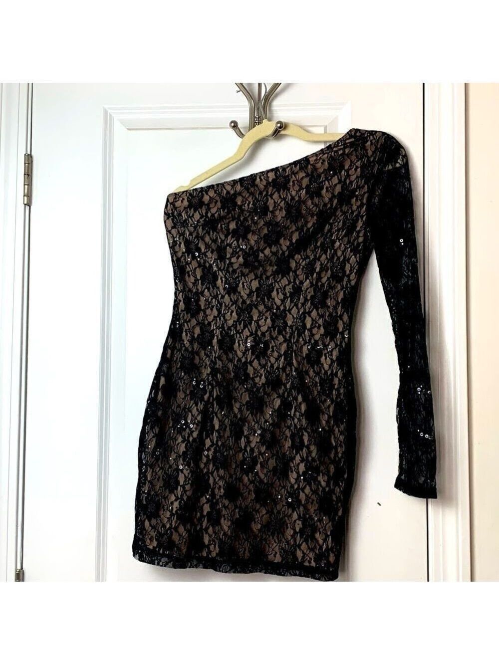 Twenty One black lace one-sleeved dress with sheer lace sleeve and tan liner